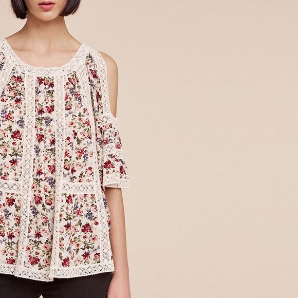 Anthro Blue Tassel Maylou Open-Shoulder Blouse - Picture 3 of 11